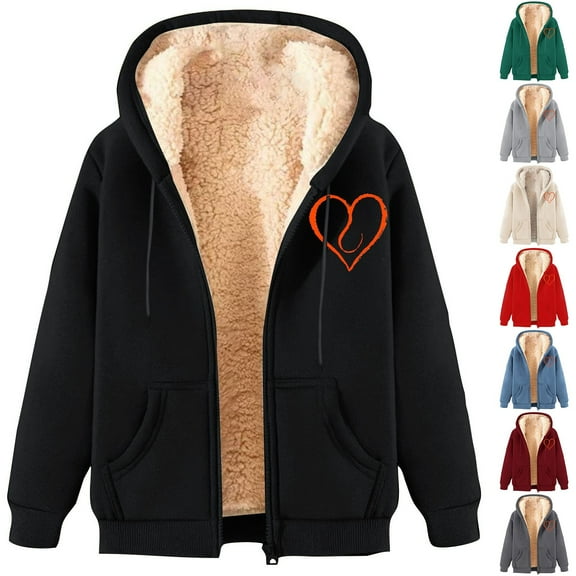 BiZtdJrK Womens Zip Up Sweatshirt Warm Fleece Lined Hoodies Jackets 2025 Fashion Heart Printed Hooded Coat with Pockets Going Out Tops Best Sales Today Khaki L