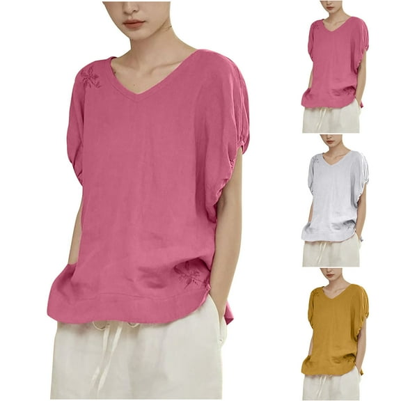 BiZtdJrK Womens plus size tops short sleeve casual loose vacation blouse shirts fashion pattern embroidered tshirts Yellow L