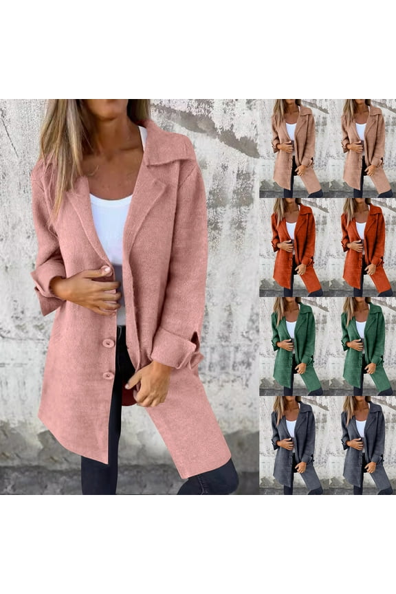 Wool Blend Jackets for Women Mid Length Lapel Blazer Coats Solid Casual Open Front Cardigans Long Sleeve Fall Winter Clothes Today's Sales Pink XXL