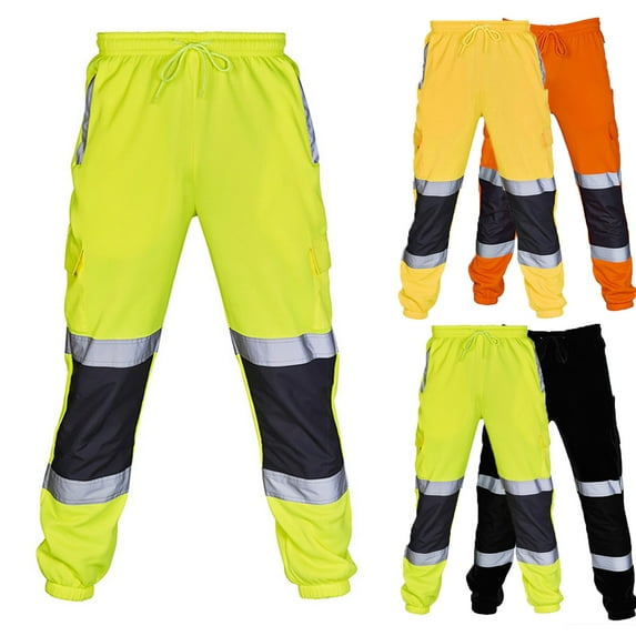 BiZtdJrK Work Pants for Men Reflective Color Block Safety Cargo Joggers Drawstring Elastic Waist Outdoor Pant with Multi Pockets Green L