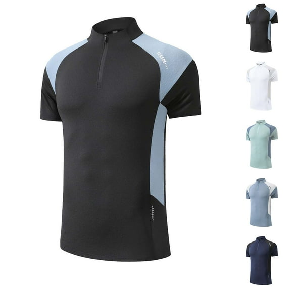 BiZtdJrK Workout Shirts for Men Ice Silk 1/4 Zip Short Sleeve Running Athletic T Shirt Seamless Lightweight Training Sport Tops Blue XXXL