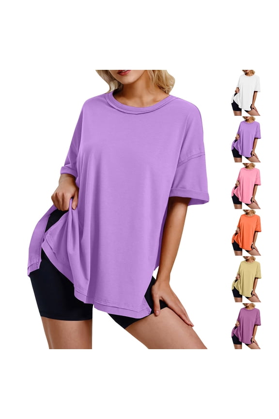 Workout Tops for Women Side Split Short Sleeve Athletic T Shirts Drop Shoulder Summer T Shirt Loose Beach Vacation Tees Pink XXL
