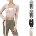 thumbnail image 1 of BiZtdJrK Wrap Tie Tops Women Deep V Neck Long Sleeve Yoga Crop Tees Lightweight Ballet Workout Shirts Slim Street Y2k Top White L, 1 of 10