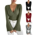 thumbnail image 1 of BiZtdJrK Wrap V Neck Bell Sleeve Shirt for Women Fall Winter Ribbed Kniter Sweater Solid Casual Y2k Bodysuit Tops, Army Green, L, 1 of 7