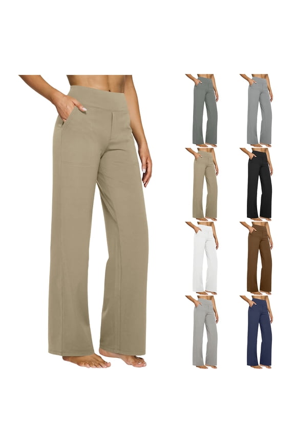 BiZtdJrK Yoga Pants for Women High Waist Stretch Wide Leg Dress Pant Solid Color Business Casual Pull On Office Slacks with Pockets, Dark Gray, S