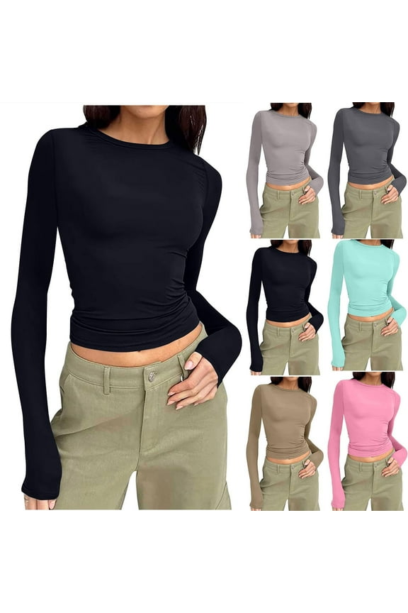 Yoga Tops for Women Crew Neck Long Sleeve Slim Fit T Shirts Soft Lightweight Workout Shirt Fashion Casual Crop Tees Birthday Gift Black S