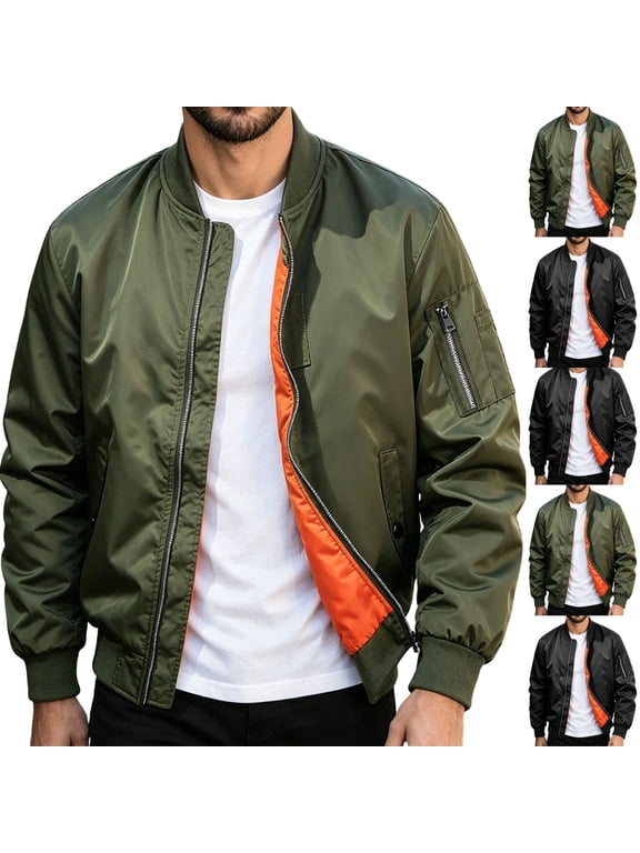 Zip up Bomber Jacket Men Ribbed Cuff Long Sleeve Flight Jackets Fashion Streetwear Windbreaker Casual Outdoor Outerwear with Arm Zipper Pocket Black XXXXL