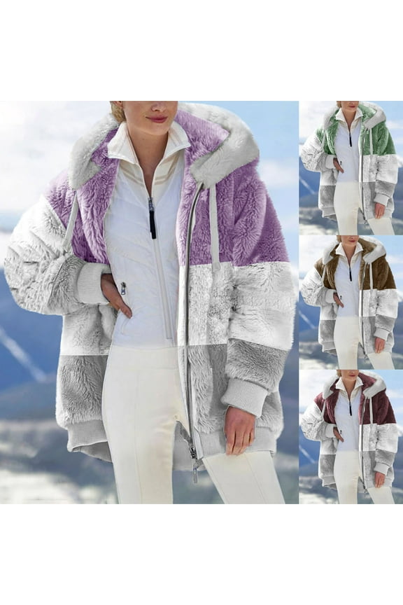 Zip Up Hooded Jackets for Women Color Block Fuzzy Sherpa Fleece Long Sleeve Sweatshirt Jacket Drawstring Fashion Winter Hoodie Coats Purple M