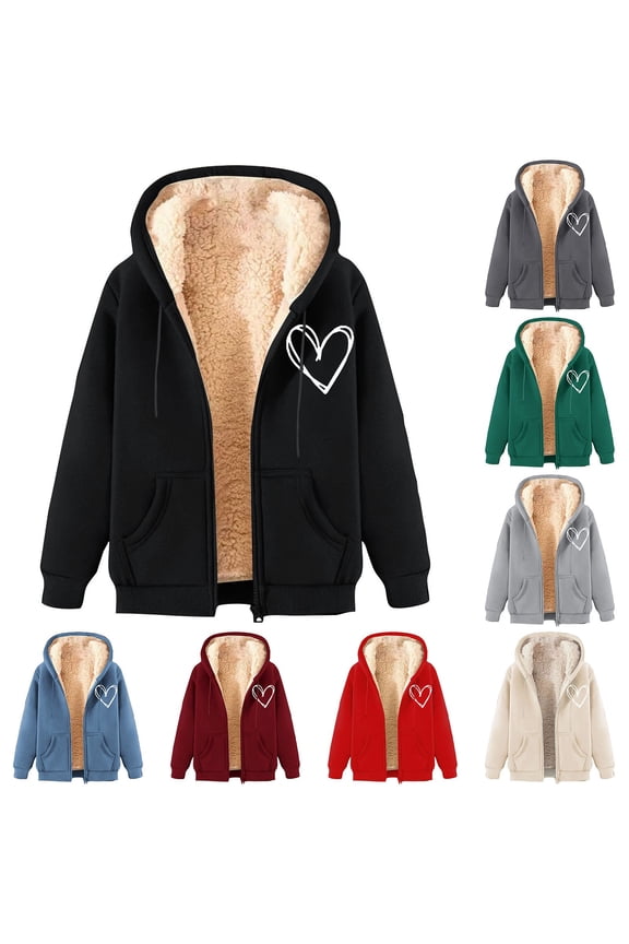 Zip Up Hoodies for Women Warm Fleece Lined Hooded Jackets Trendy Heart Printed Sweatshirt Fall Winter Long Sleeve Coat with Pockets 50% Percent off Sales Today Dark Gray XXL