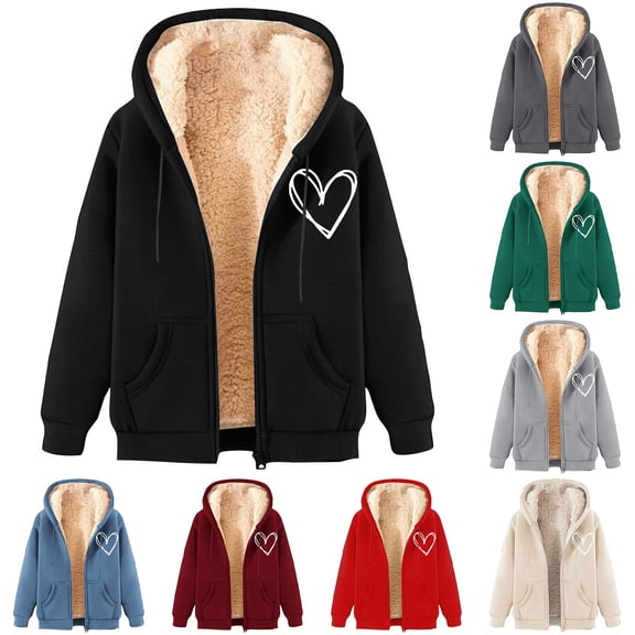 BiZtdJrK Zip Up Hoodies for Women Warm Fleece Lined Hooded Jackets Trendy Heart Printed Sweatshirt Fall Winter Long Sleeve Coat with Pockets Prime Sales of The Day Black M