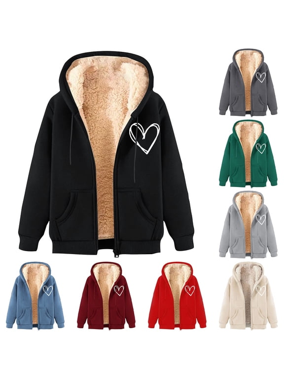 Zip Up Hoodies for Women Warm Fleece Lined Hooded Jackets Trendy Heart Printed Sweatshirt Fall Winter Long Sleeve Coat with Pockets Prime Sales of The Day Black M