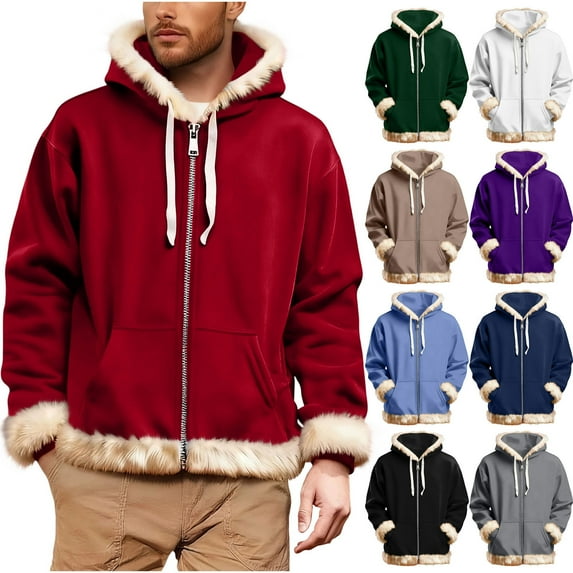 BiZtdJrK Zip Up Hoodie Mens Fleece Jacket Faux Fur Long Sleeve Hooded Sweatshirts Winter Warm Christmas Coats, Black, M