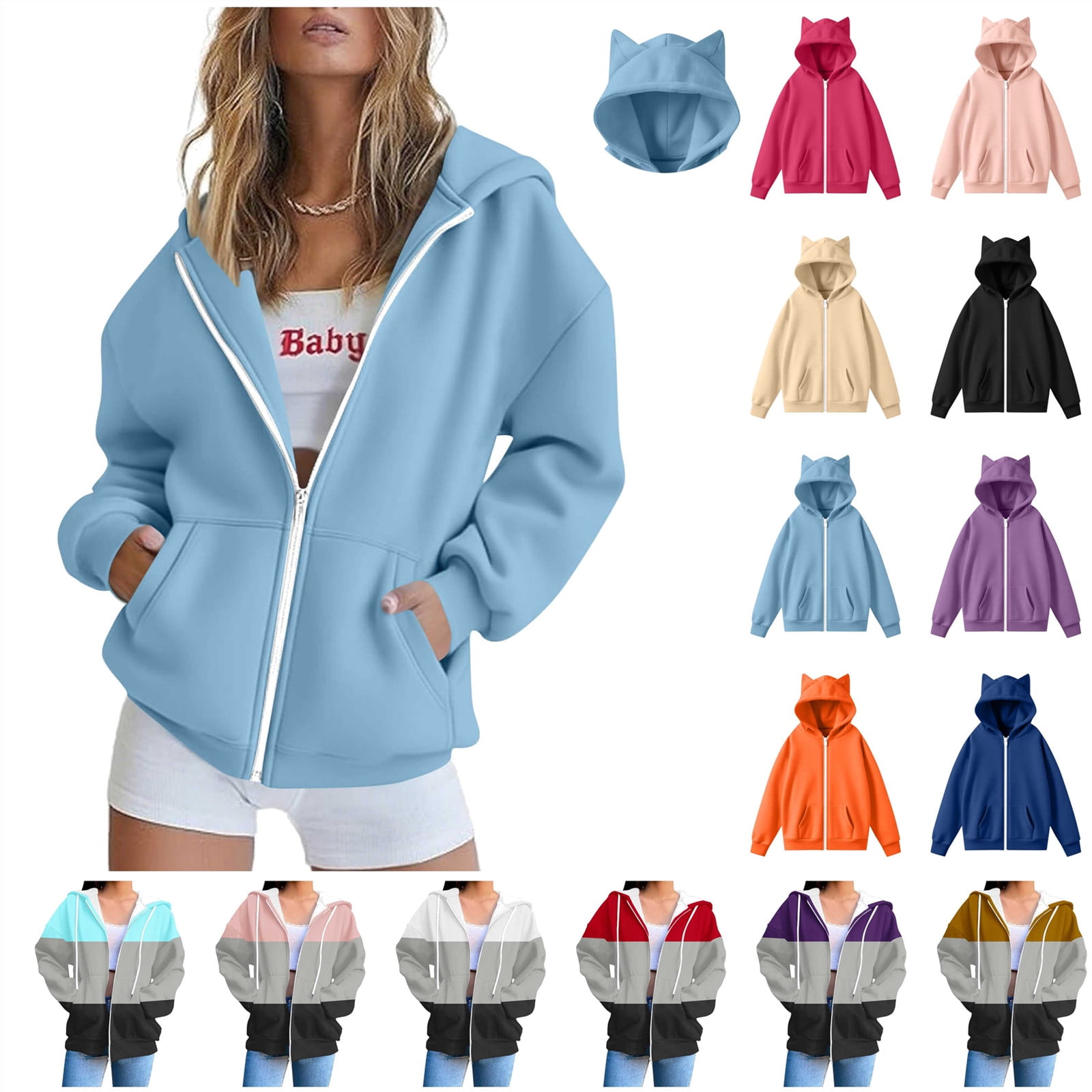 Pink Cute Cat Print Women's Zip Up Hoodie