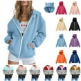 thumbnail image 1 of BiZtdJrK Zip Up Hoodie for Women Cute Cat Ears Hooded Sweatshirt Solid Color Loose Fit Long Sleeve Coats Teen Girls Clothes, Pink, XL, 1 of 10
