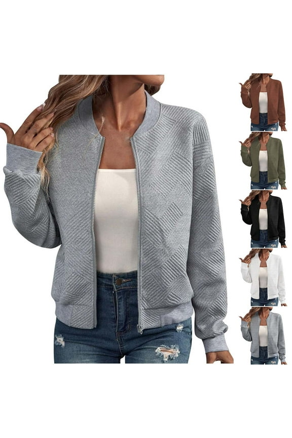 Zip Up Jacket for Women Textured Long Sleeve Bomber Jackets Lightweight Fall Coat Solid Casual Outerwear with Pockets Army Green XL