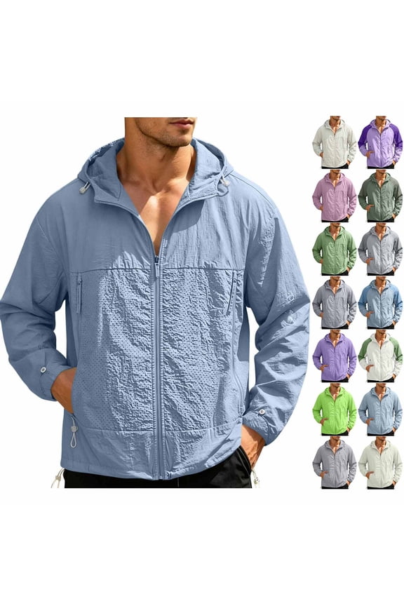 Zip Up Sun Protection Hooded Jacket for Men Outdoor Lightweight UPF 50+ Windbreaker Fashion Color Block Long Sleeve Hiking Tops Light Blue S