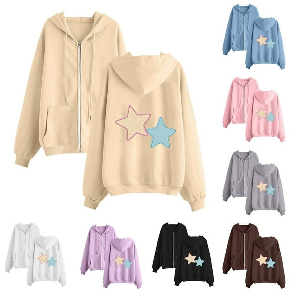 BiZtdJrK Zip Up Sweatshirt Jackets for Women Cute Star Print Long Sleeve Hoodies Drawstring Loose Fit Hooded Sweatshirts with Pocket Black S