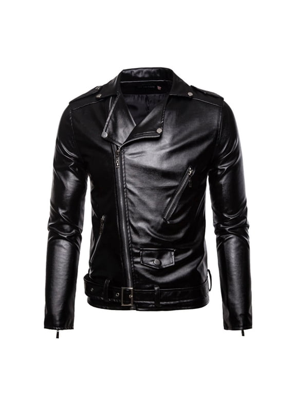 Zip up Jacket for Men Faux Leather Bomber Jackets Motorcycle Stand Collar Trendy Slim Fit Biker Coat Vintage Biker Coat with Pockets Black,M