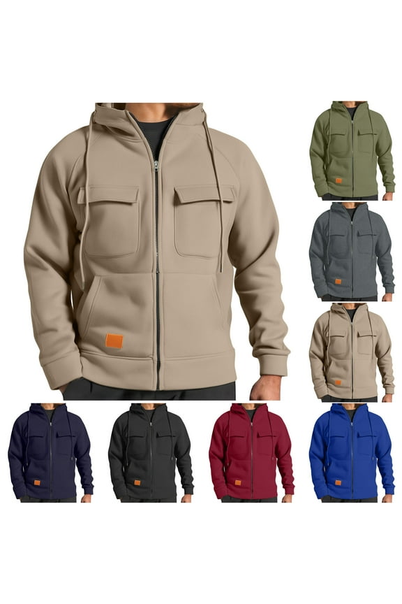 BiZtdJrK Zipper Hoodies for Men Multiple Pockets Cargo Hooded Sweatshirt Fall Long Sleeve Adjustable High Neck Jackets, Navy, L