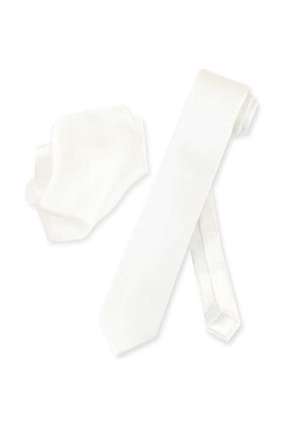 100% Silk Skinny NeckTie Off-White Ivory Mens 2.5" Neck Tie Handkerchief