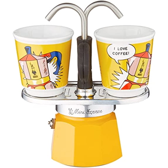 Bialetti - Mini Express Lichtenstein: Moka Set includes Coffee Maker 2-Cup (2.8 Oz), Yellow, Aluminium