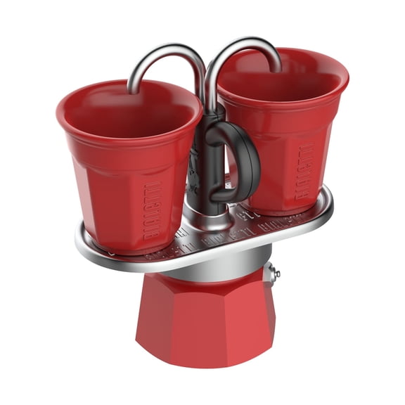 Bialetti - Mini Express Color: Moka Set includes Coffee Maker 2-Cup (2.8 Oz) + 2 shot glasses, Red, Aluminium