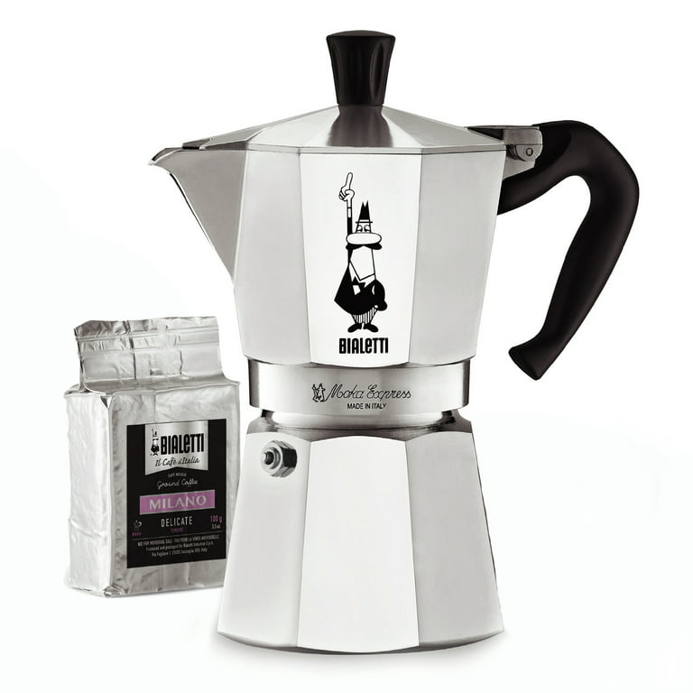 Bialetti Moka Express Stovetop Maker with Free Ground Coffee, 6-Cup &  Coffee, Silver