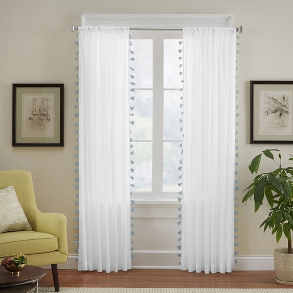 Elrene Home Fashions Bianca Semi-Sheer Window Curtain with Tassels, Blue, 52" x 84"