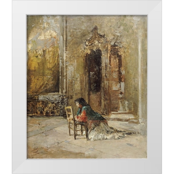 Bianchi, Mose 12x14 White Modern Wood Framed Museum Art Print Titled - A Woman at Prayer In a Church