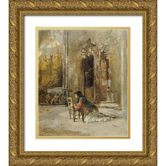 Bianchi, Mose 15x17 Gold Ornate Wood Framed with Double Matting Museum Art Print Titled - A Woman at Prayer In a Church