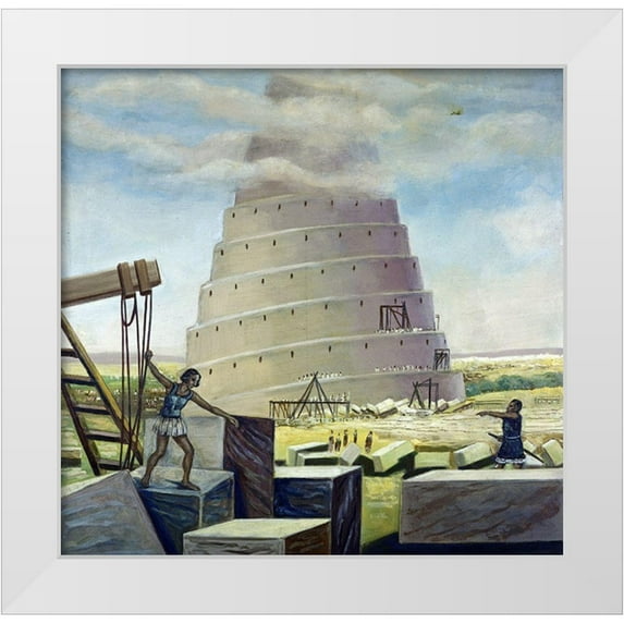 Bianchini, Vittorio 27x26 White Modern Wood Framed Museum Art Print Titled - Building The Tower of Babel