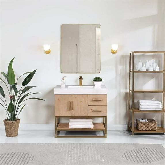 Bianco 36" Wood Vanity in Light Brown with White Composite Stone Top and Mirror