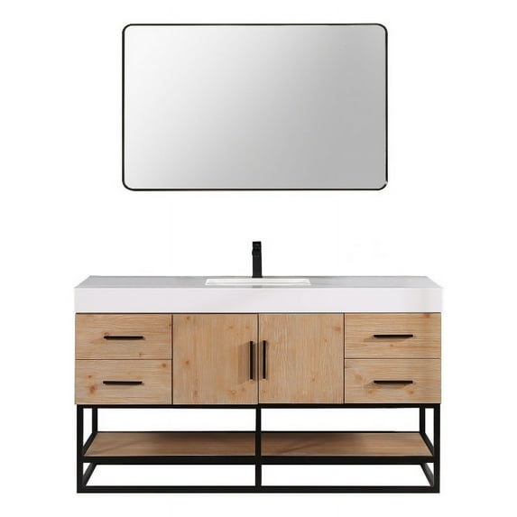 Bianco 60" Wood Vanity in Light Brown with Composite Stone Top with Mirror