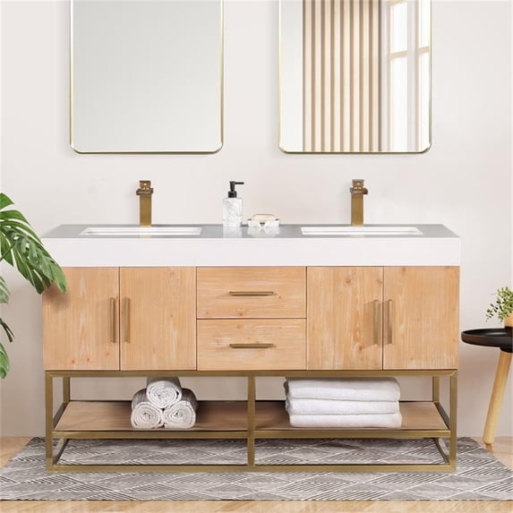 Bianco 60" Wood Vanity in Light Brown with White Composite Stone Top no Mirror