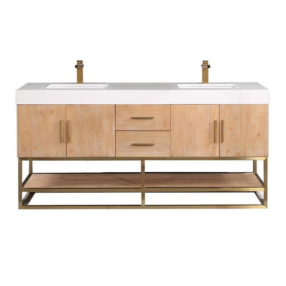 Bianco 72" Wood Vanity in Light Brown with White Composite Stone Top no Mirror