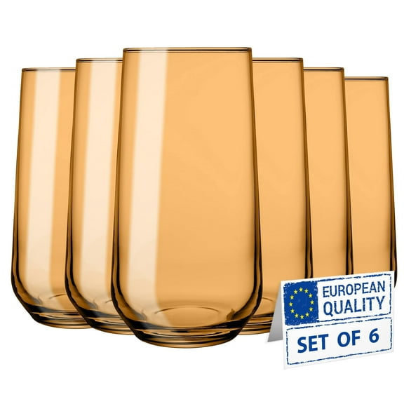 Biandeco Amber Drinking Glasses Set of 6 | 16 oz Amber Glass Cups | Highball Drinkware for Cocktails, Long Drink, Water, Mojito, Juice, Soda