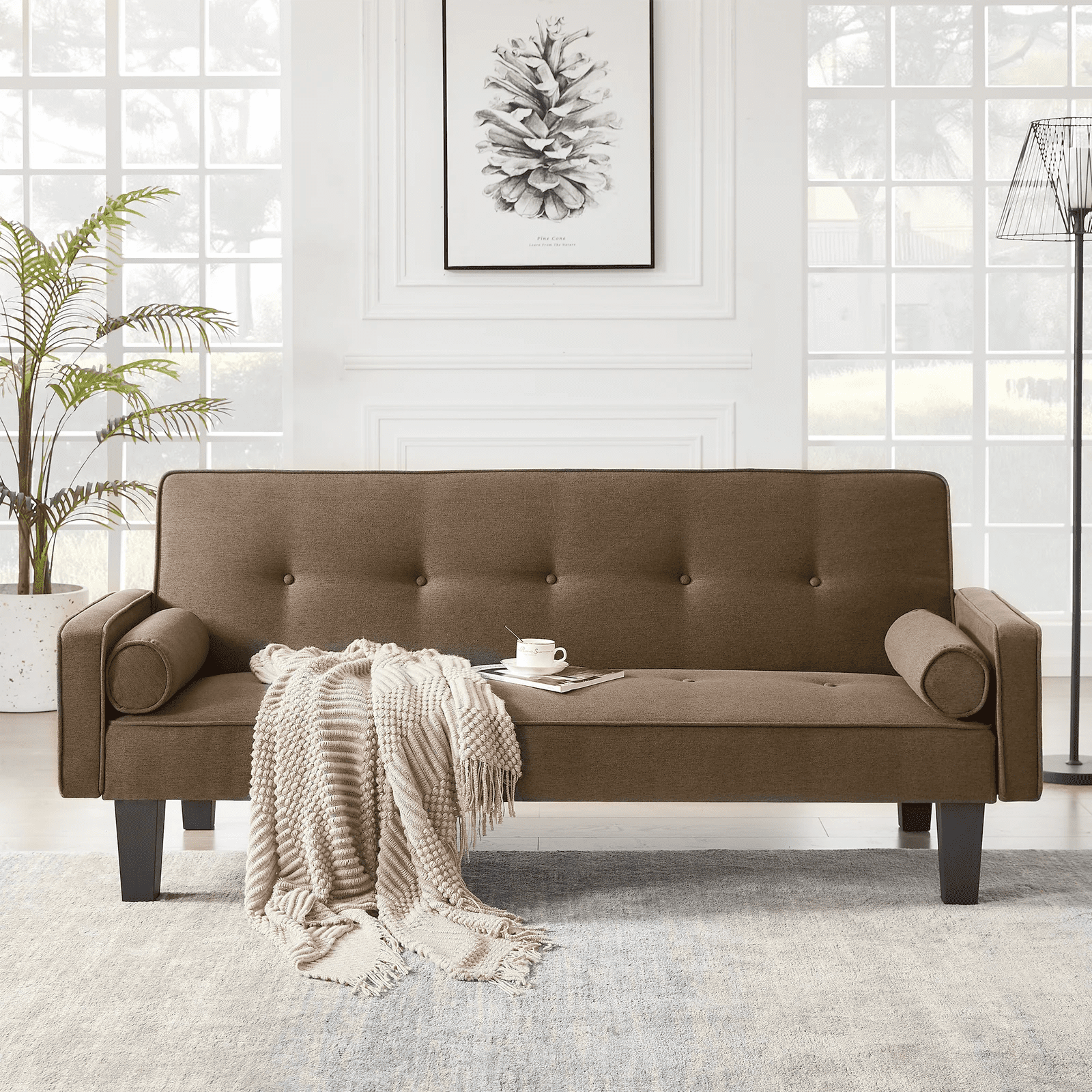 Bianlte Convertible Sofa Bed,Modern Linen Fabric Futon Sofa Bed Adjustable Backrest with 2 Pillows,Loveseat Sofa Couch for Small Apartment Living Room,Brown