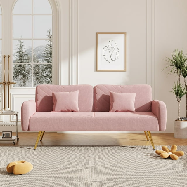 Bianlte Modern Fabric Convertible Linen Fabric Split Backrest Adjustable Backrest Upholstered Loveseat Sofa with 2 Throw Pillows, Pink