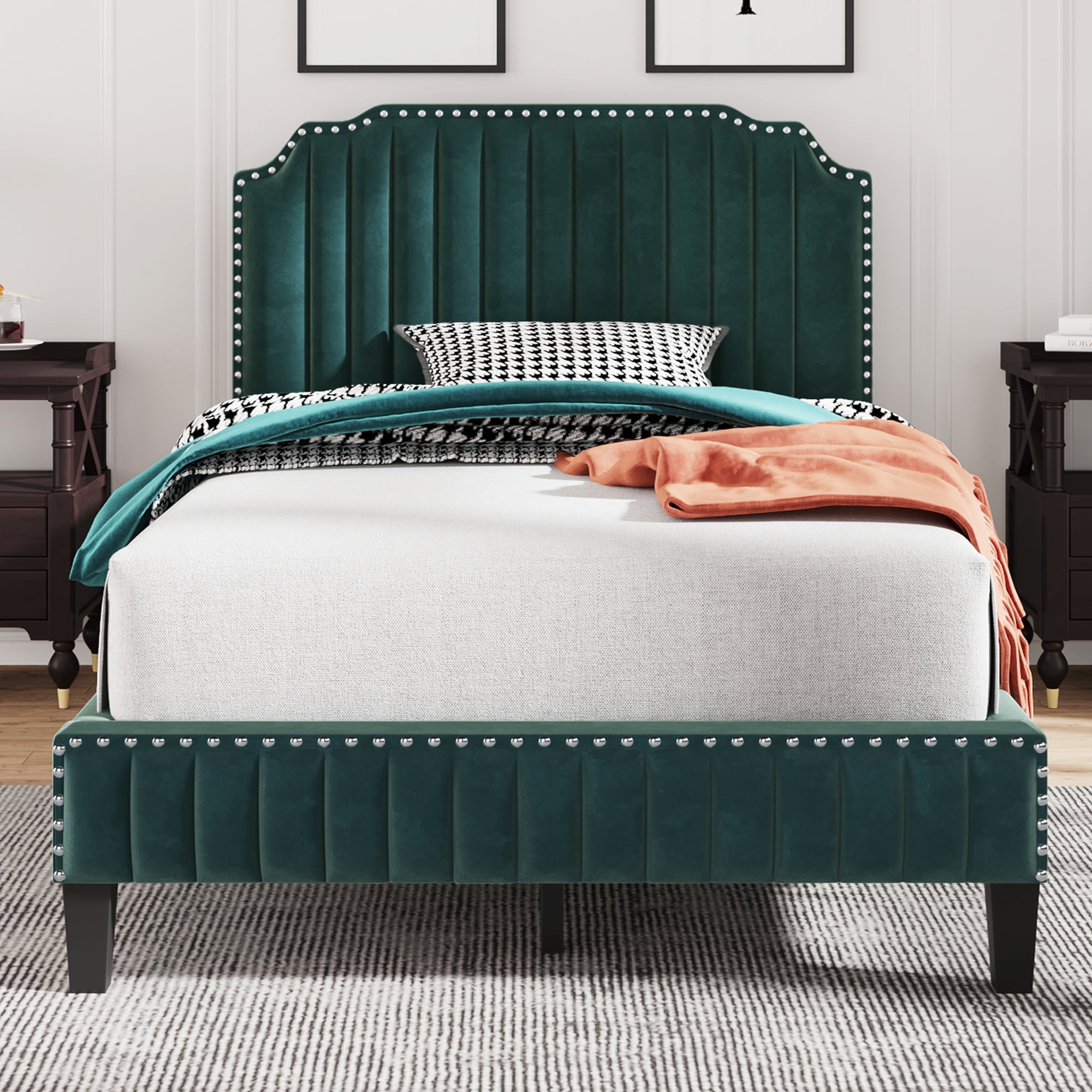Bianlte Modern Upholstered Platform Bed,Velvet Curved Queen Platform