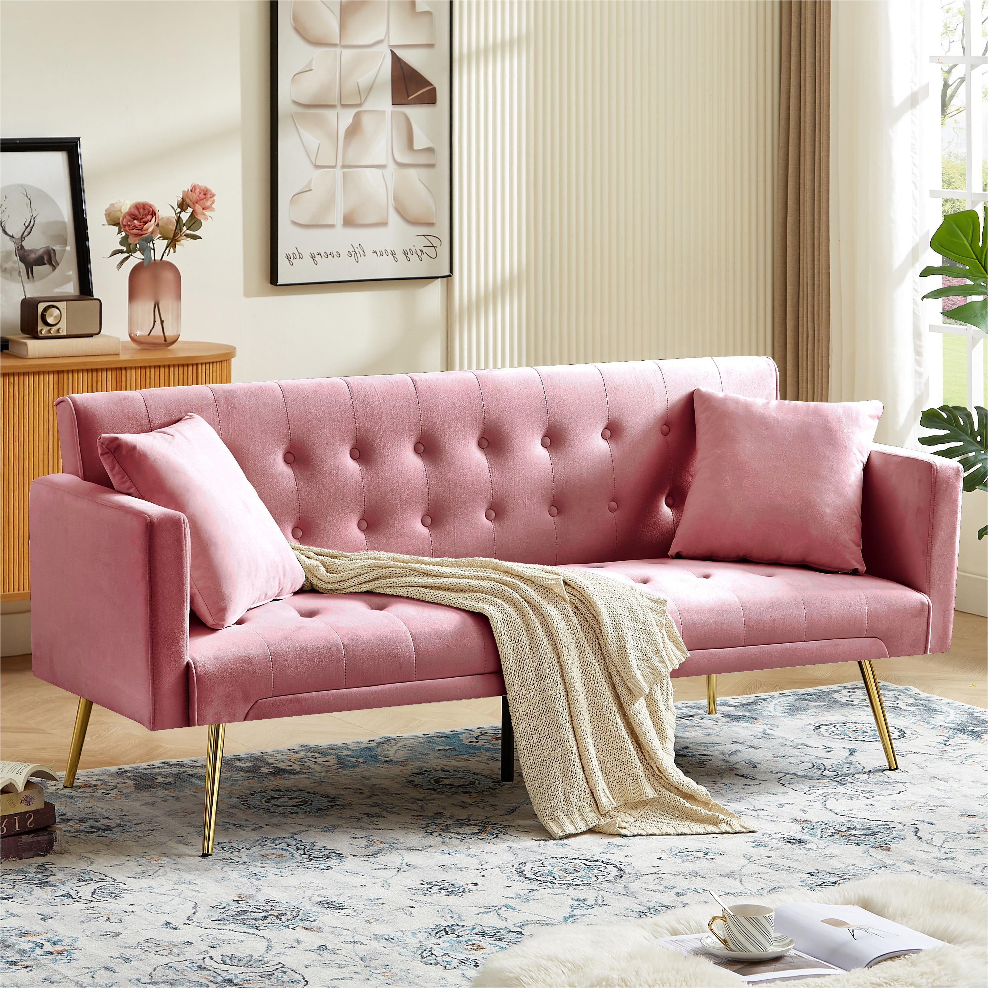 Bianlte Modern Velvet Futon Sofa Bed,Convertible Sleeper Sofa Couch with 3 Adjustable Couch Loveseat with Metal Leg for Living Room and Bedroom,Pink