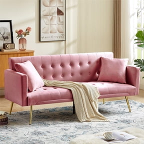Bianlte Modern Velvet Futon Sofa Bed,Convertible Sleeper Sofa Couch with 3 Adjustable Couch Loveseat with Metal Leg for Living Room and Bedroom,Pink