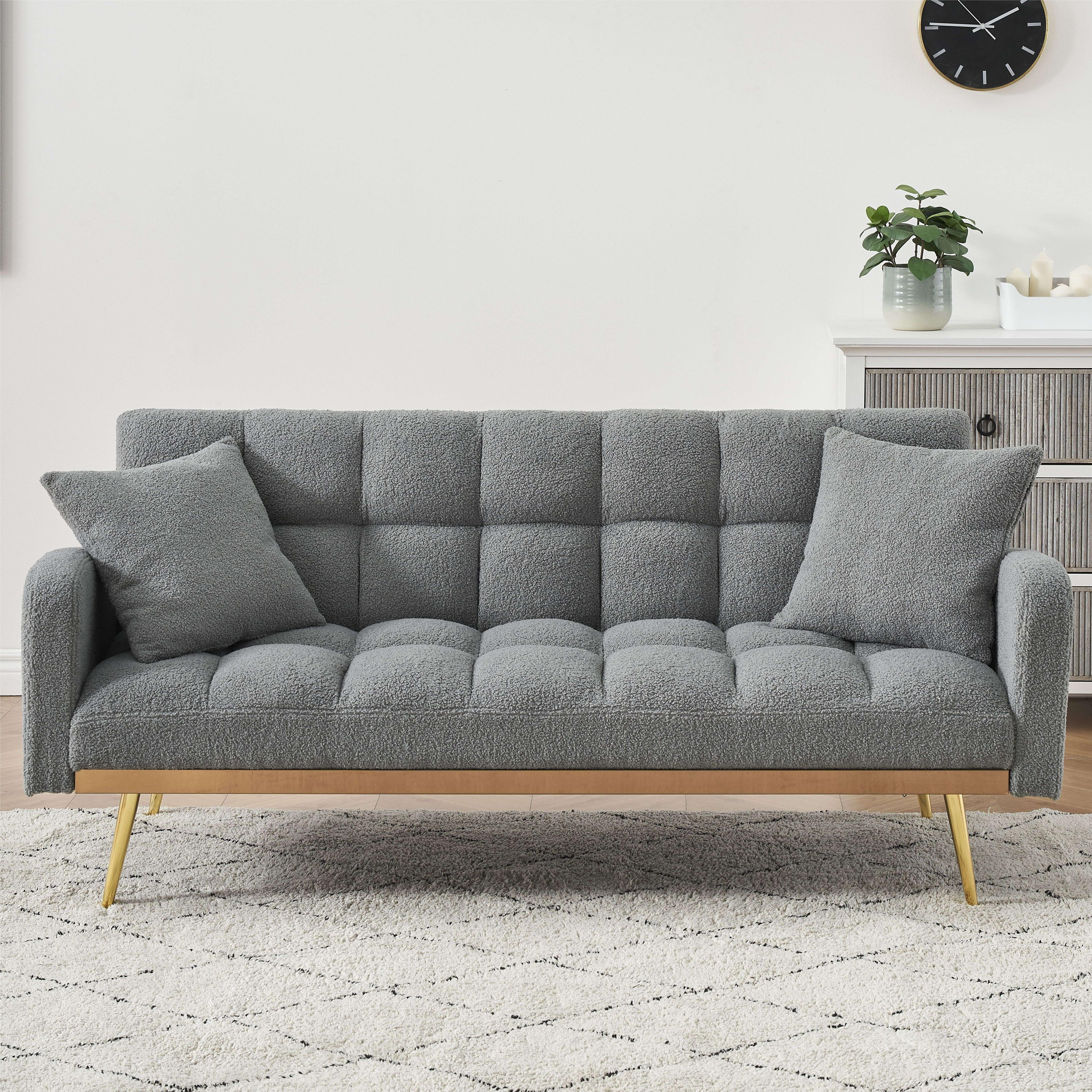 Bianlte Teddy Fleece Futon Sofa Bed Modern Wood Adjustable Reclining Couch with Pillows, Gray/Gold
