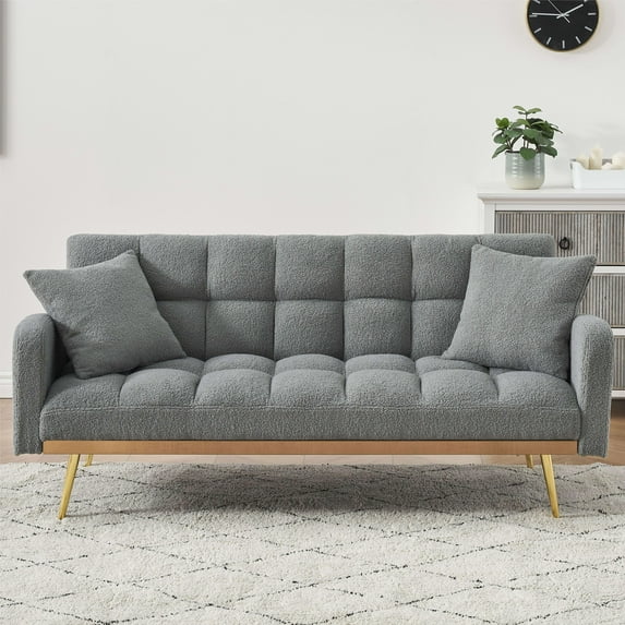 Bianlte Teddy Fleece Futon Sofa Bed Modern Wood Adjustable Reclining Couch with Pillows, Gray/Gold