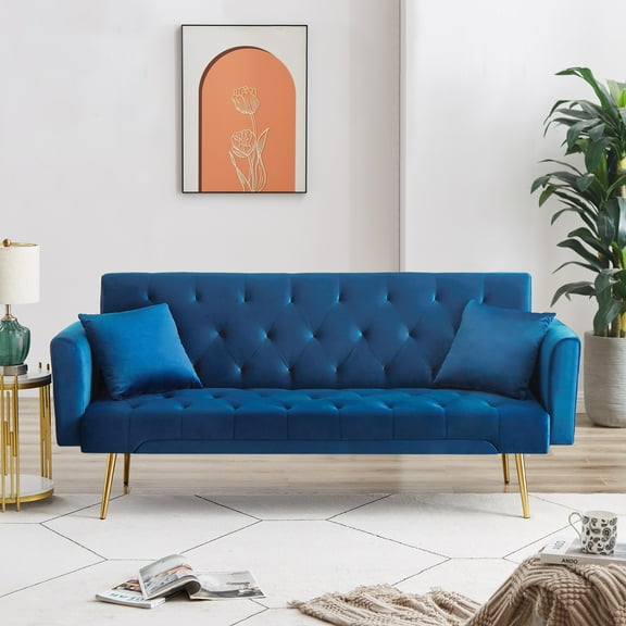 Bianlte Velvet Futon 71" x 37.79" x 29.92" Convertible Backrest Angles with Gold Metal Legs, Blue