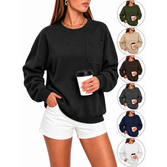 Biaocheng Women's Crew Neck Long Sleeve Sweatshirt with Front Pocket Casual Loose Fit Pullover for Fall Winter,Black S