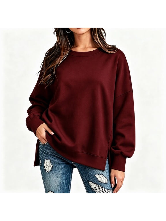 Women's Crew Neck Long Sleeve Sweatshirt with Side Slit Casual Loose Fit Pullover for Fall Winter