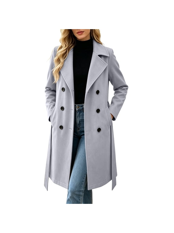 Women's Double-Breasted Long Wool Coat with Lapel Collar and Pockets