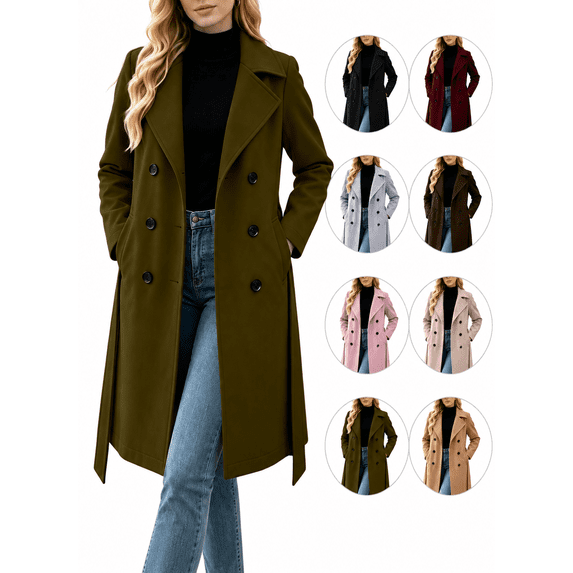 Biaocheng Women's Double Breasted Lapel Long Coat Button Front Long Sleeve
