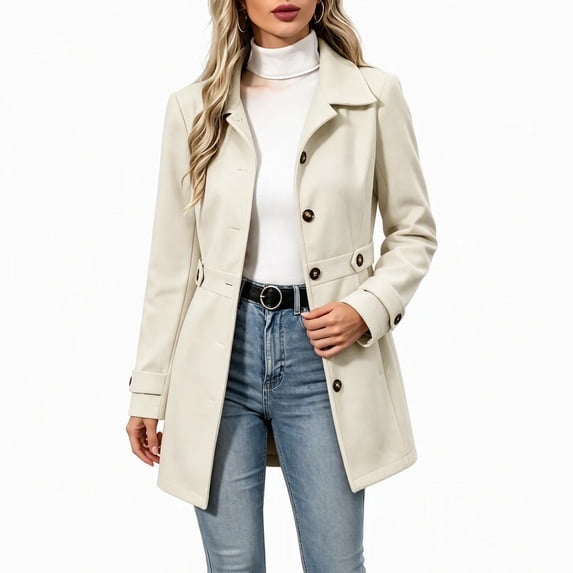 Biaocheng Women's Double Breasted Trench Coat Casual Long Sleeve Lapel Collar Belted Mid-Length Jacket with Pockets Solid Color Fall Winter Outerwear