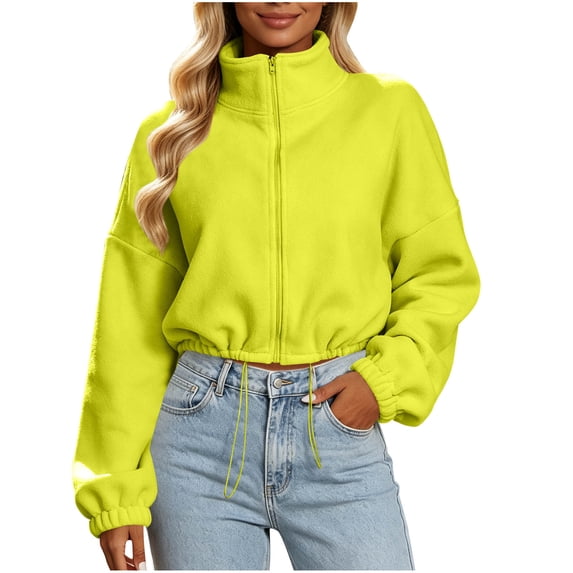 Biaocheng Women's Cropped Zip Up Jacket Casual Long Sleeve Stand Collar Drawstring Hem Solid Color Winter Outerwear for Work Daily Wear Travel
